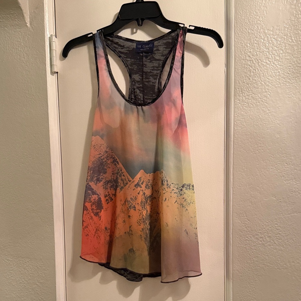 The Classic Multicolor Mountain Print Racerback Tank Top - Pink/Orange/Blue
